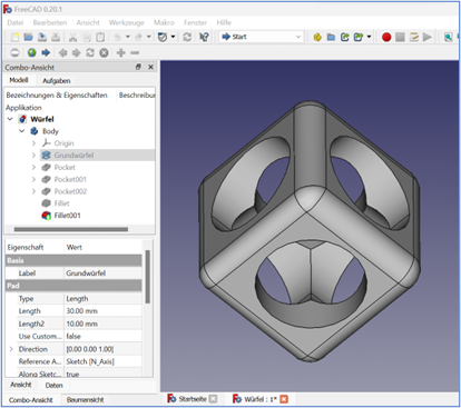 CAD-Konstruktion eines Würfels in FreeCAD